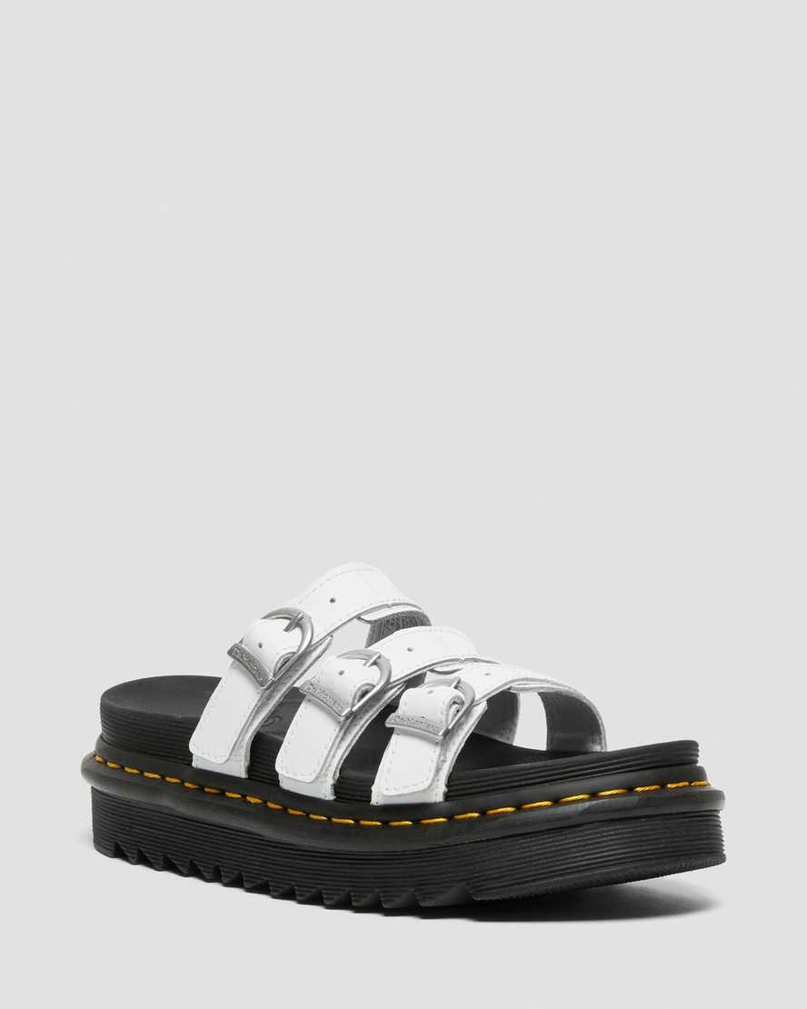 Dr. Martens Blaire Lær Slide Platform Sandaler Dame Hvite [0649DOXBE]